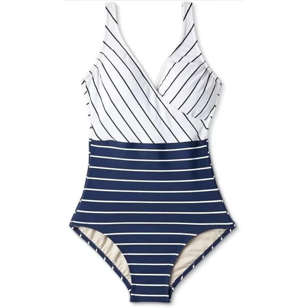Kona Sol Striped One Piece Swimsuit in Navy and White Size S NWT